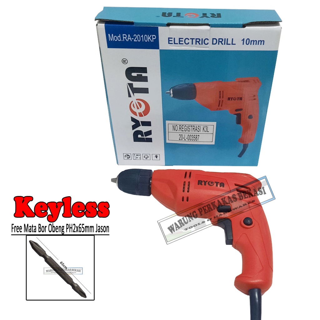 Ryota Mesin Bor Keyless Tangan Listrik 10mm Balok Balik RA-2010KP Free 1x Bor Obeng PH2x65mm