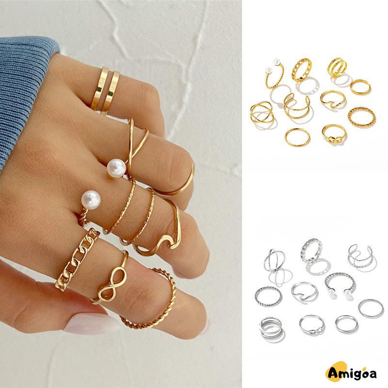 10 Buah Set Wanita Kreatif Sederhana Manik-manik Ganda Cincin Gabungan Geometri Gelombang Mutiara - AG2