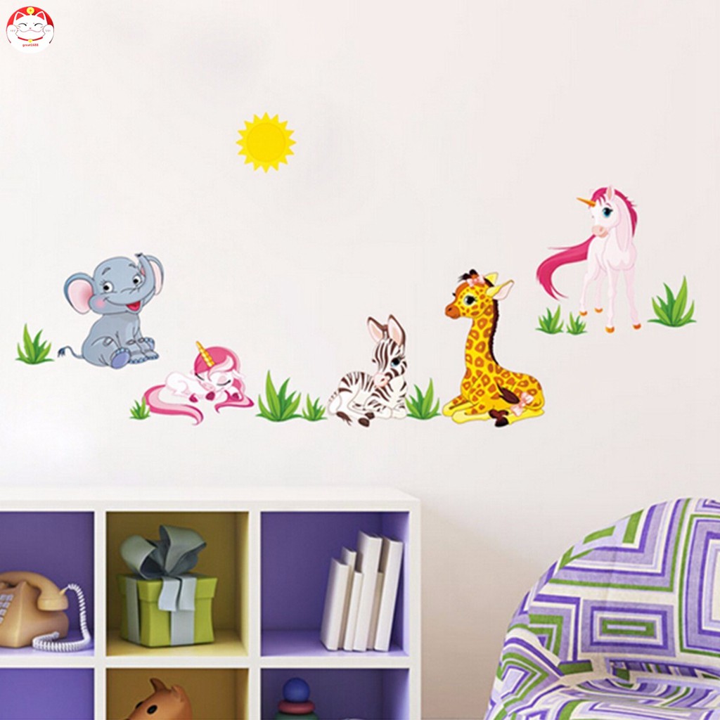 Stiker Dinding Model Mural Desain Kartun Binatang Jerapah & Gajah Bahan PVC