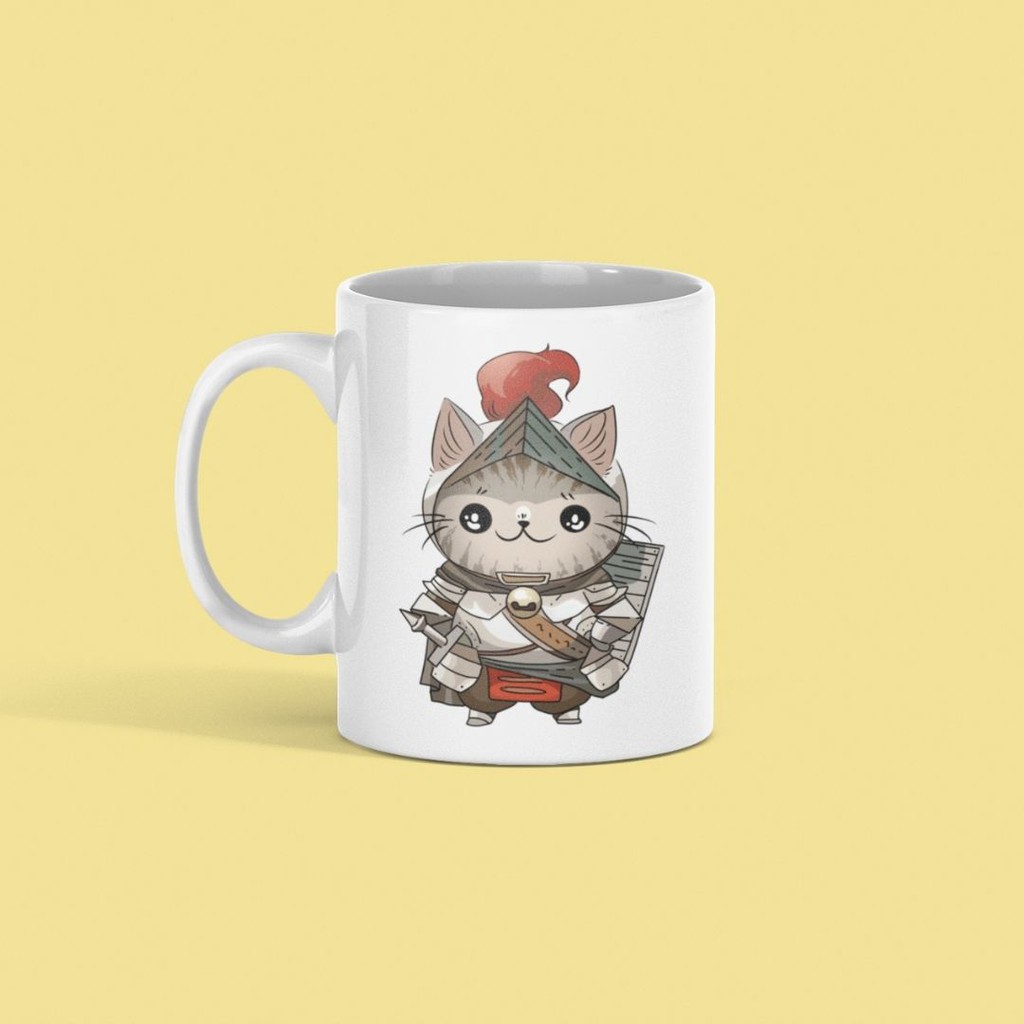 Gelas Gambar Kucing Cat knight of sword and shield