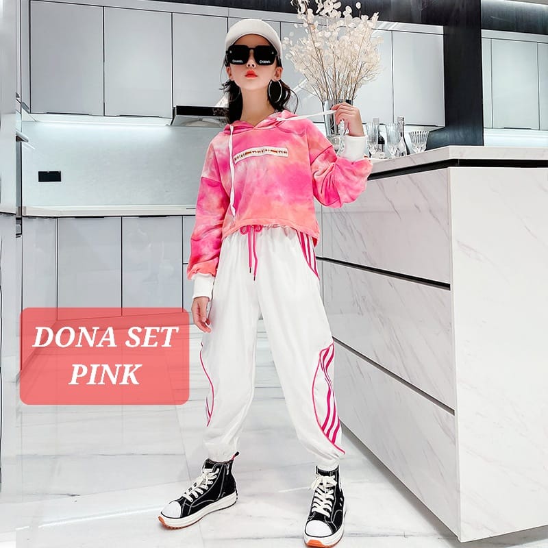 DONA SET PINK BAJU SETELAN REMAJA ANAK REMAJA PEREMPUAN FASHION KOREA IMPOR HOODIE