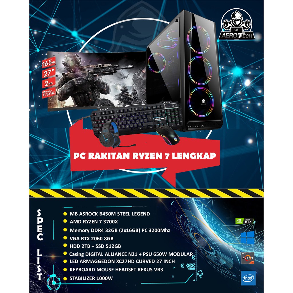 RAKITAN LENGKAP RYZEN 7 3700X WITH VGA RTX 2060 LED GAMING 27 INCH 1 SET KEYB MOUSE HEADSET REXUS