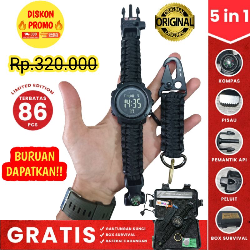 Jam Tangan Paracord SKMEI 1426 Outdoor Strap  Original ARCORD Cobra Knot Full Black / Strap Paracord