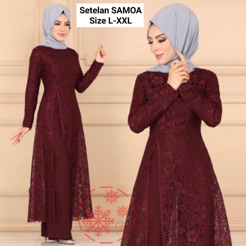 SET CELANA TUNIK SAMOA, BRUKAT, GAMIS HIJAB MUSLIM, DRESS MAXY, SETELAN, 4 UKURAN