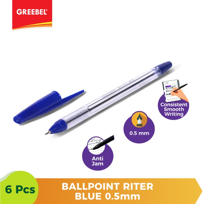 Ballpen Biru Pulpen Greebel Ballpoint Riter0.5 Blue - 6pcs.