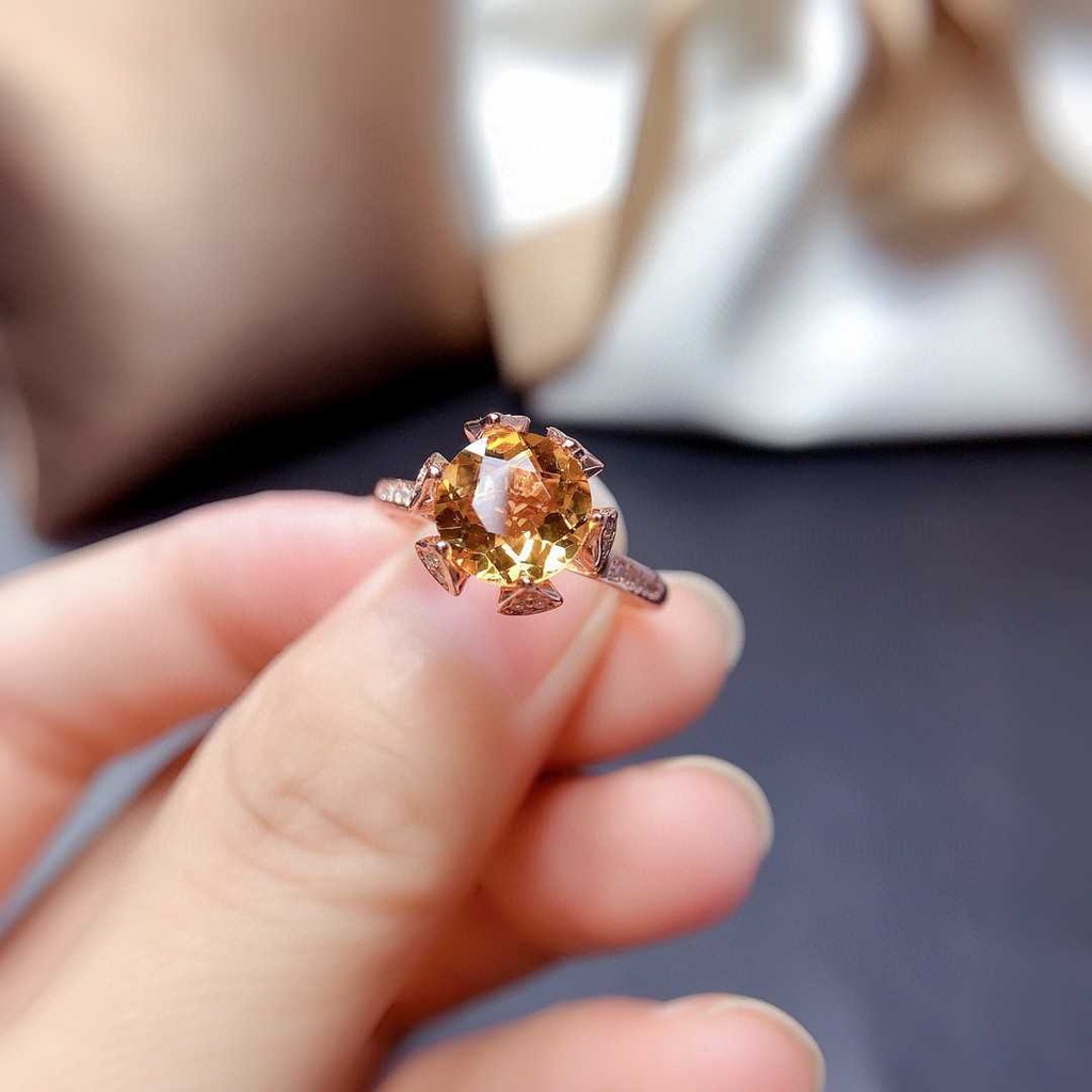 perak asli 925 cincin Wanita Batu Permata Kuning Batu Permata Cincin Dapat Disesuaikan Fashion Perhiasan