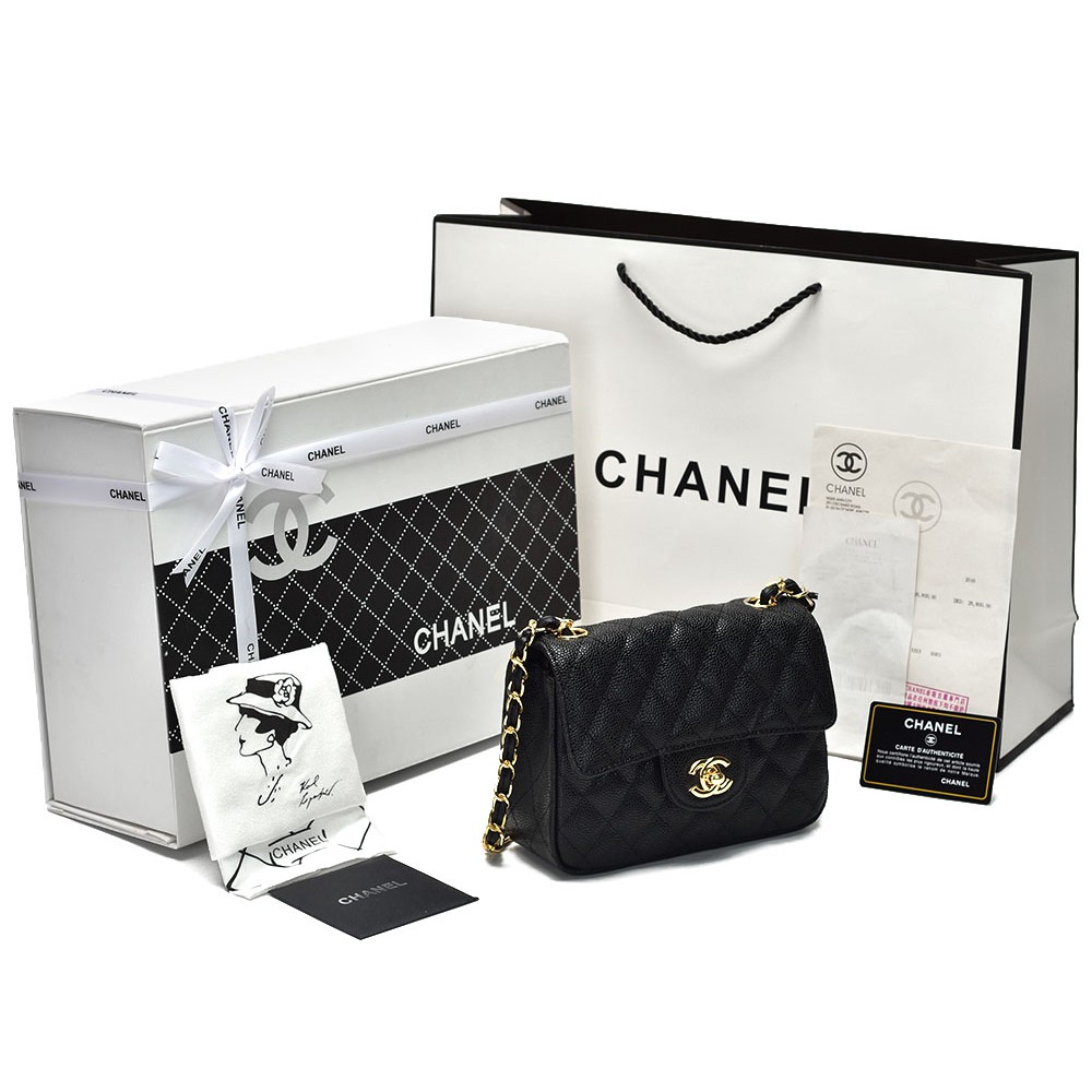 Tas Chanel Classic Mini Square Caviar Hitam GHW PC1115