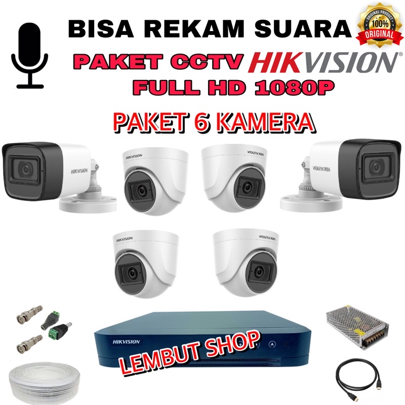 (audio) paket camera cctv 6 kamera hikvision 2mp audio built in mic 1080p 8 channel ch bisa rekam suara 8ch 8channel 2 mp megapixel original murah