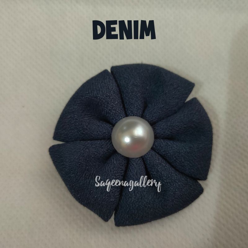BROS BUNGA MUTIARA BROSS JILBAB MURAH MEWAH BROOCH HIJAB KAIN / SOUVENIR MURAH-Denim