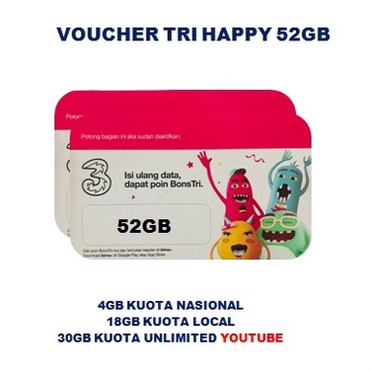 TRI (L)  HAPPY 52GB (22+30GB YT) ZONA PROMO 30HARI (VCR)
