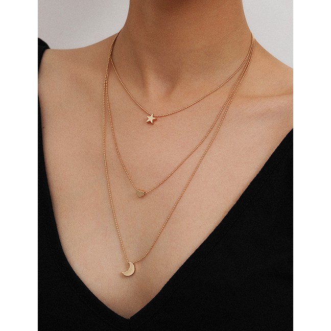 LRC Kalung Fashion Golden Love Five-pointed Star Moon Alloy Multi-layer Necklace K48334