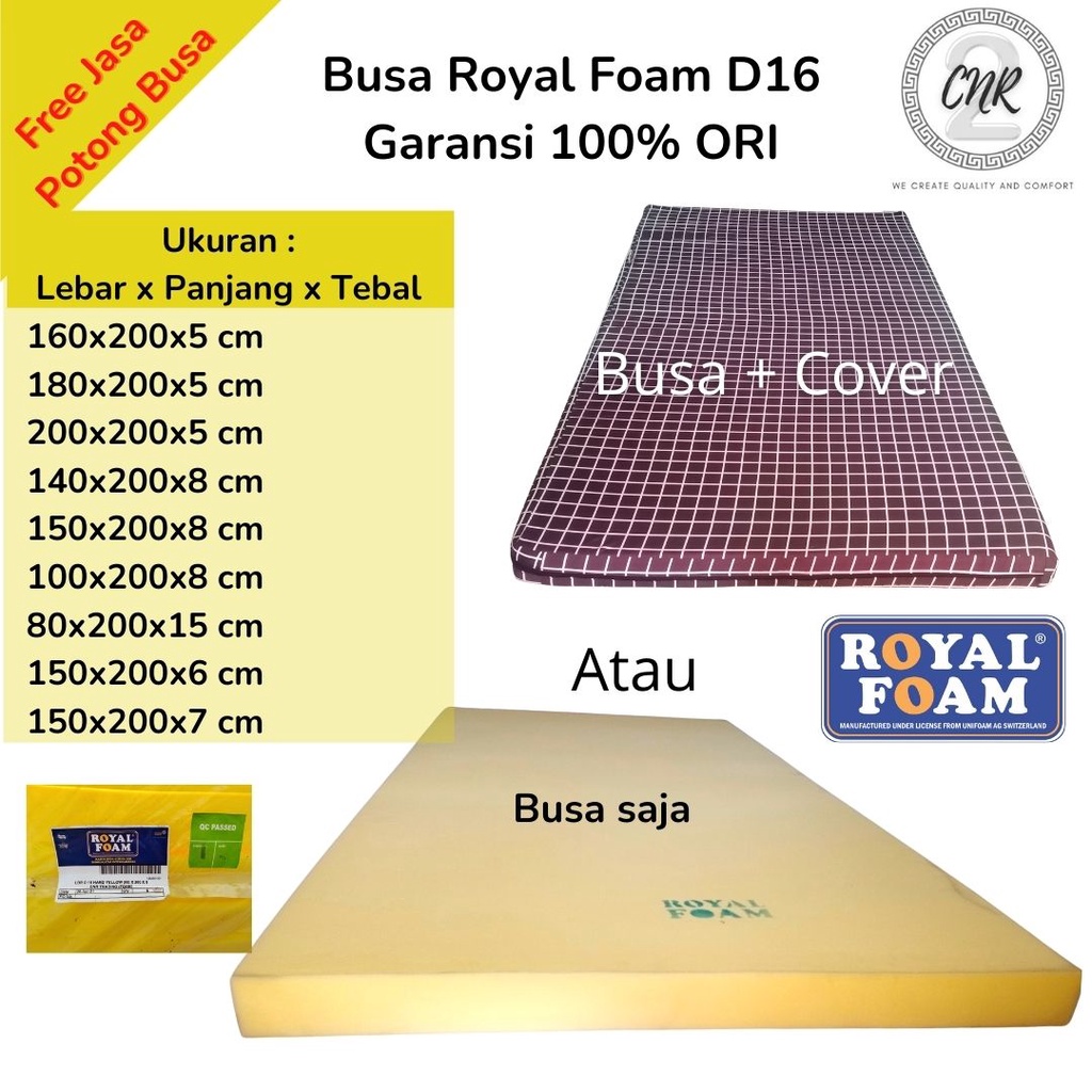 Busa lembaran density 16 yellow, busa matras kasur , surpet, karpet kasur, karpet bulu, jok kursi dll.Royal Foam, busa saja tau busa + cover. Ukuran Lebar 160/180/200 tebal 5, dan 140/150 tebal 8,dan single 80x200x15cm