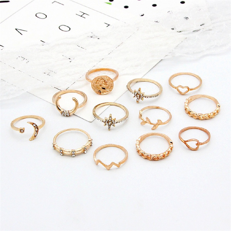 12pcs / Set Cincin Berlian Bentuk Bulan Bintang Hati Daun Untuk Wanita