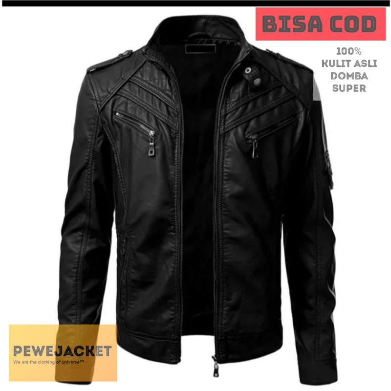 JAKET PRIA KULIT ASLI DOMBA SUPER WARNA HITAM MODEL KASUAL (BISA COD)