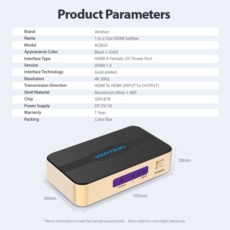 ( Bisa Cod ) Vention HDMI Splitter 1 Input 2 Output 3D 4K @30HZ HDMI Proyektor ACB