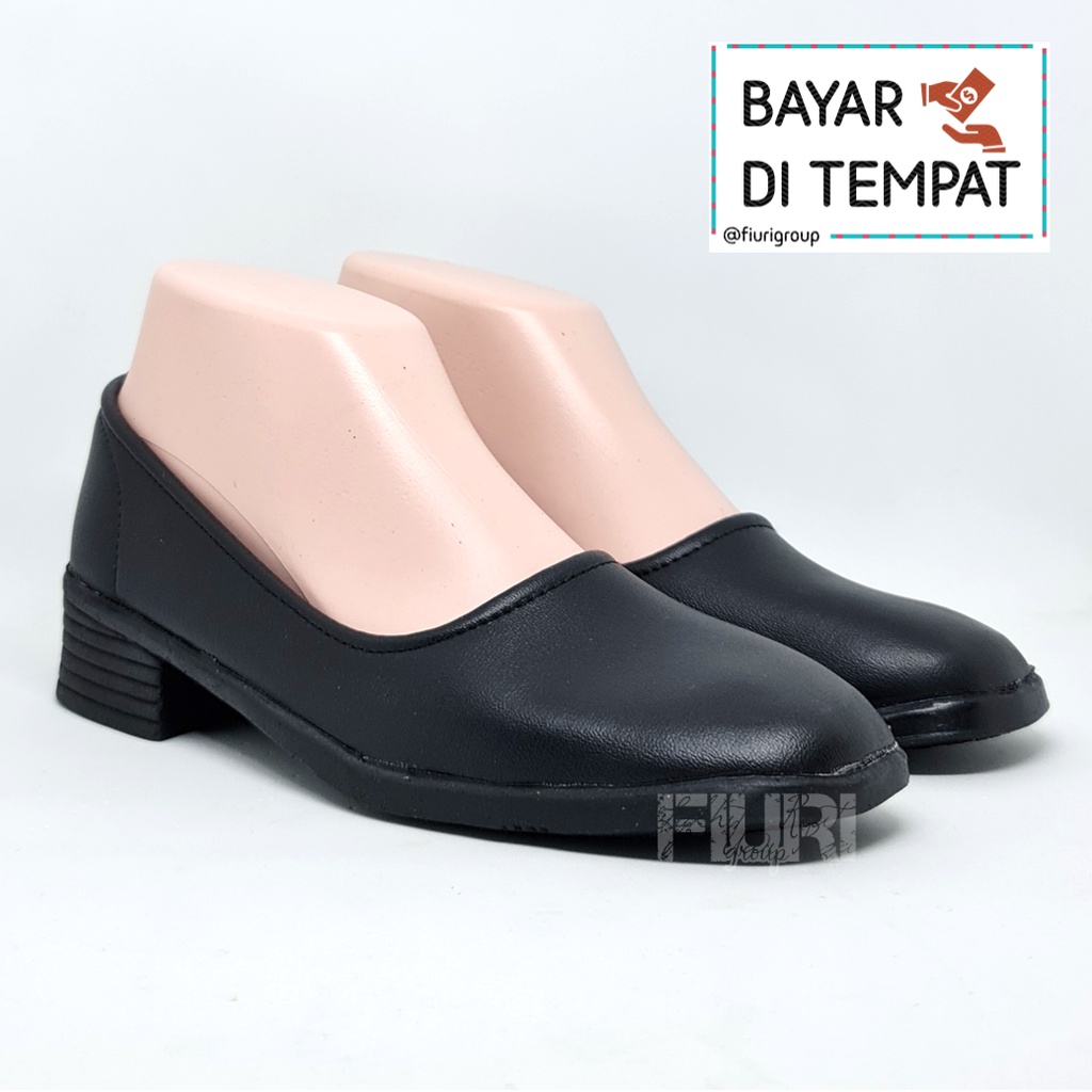 FIURI - Sepatu Pantofel Wanita Hitam Tali Perekat 36-42 Bonus Hitam Polos Hak 3cm - Sepatu Sekolah Perawat Suster Bidan Paskib Hak Tahu 3 cm Upacara Paskibra - Sepatu Formal Perempuan SD SMP SMA Pelatihan Ospek Kerja Kantor Resmi Kulit Murah Promo Diskon