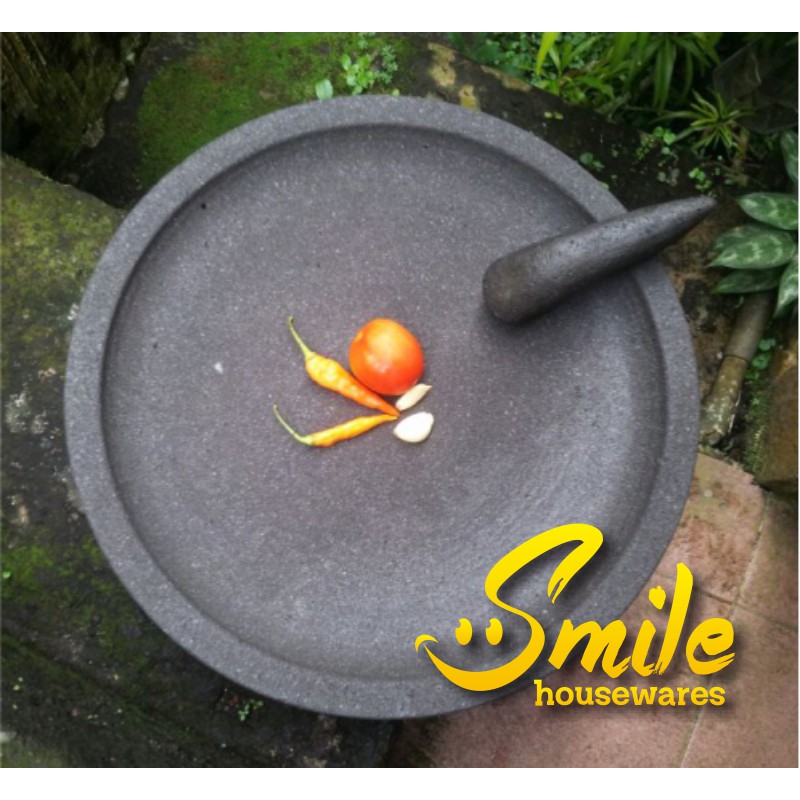 Cobek Bulat Batu Asli 40cm & Ulekan (+Packing kayu)