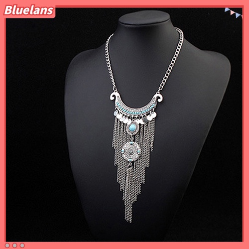 Bluelans Women Bohemian Turquoise Long Tassels Pendant Necklace Alloy Choker Chain