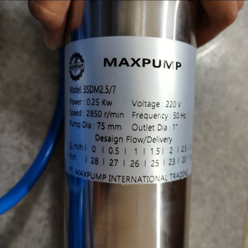 MAXPUMP 3SDM2.5/7+30m Kable biru Pompa satelit 0.33hp 250watt Casing stainles Submersible Water Pump Kabel Biru 30m