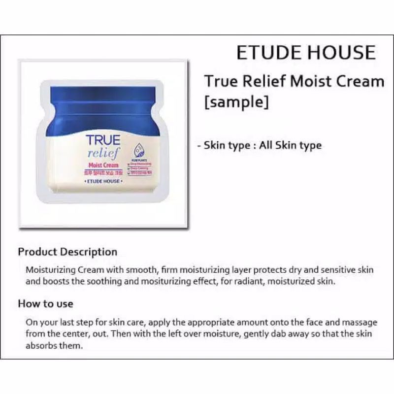 ORI True Relief Moist Cream Etude House Sample / Korea Makeup Base Foundation