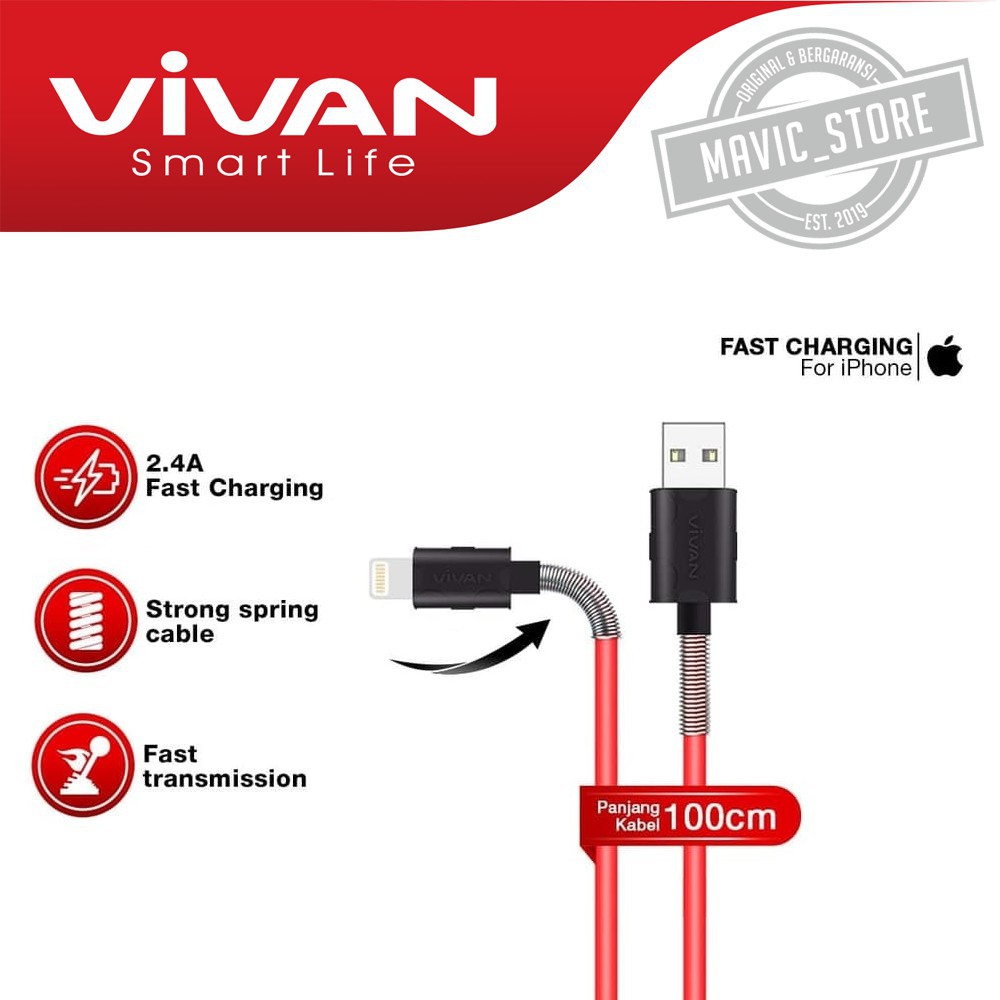 Kabel Data Vivan FL100 For iPhone X/11/XS  Lighting Data Cable  2.4A 1M