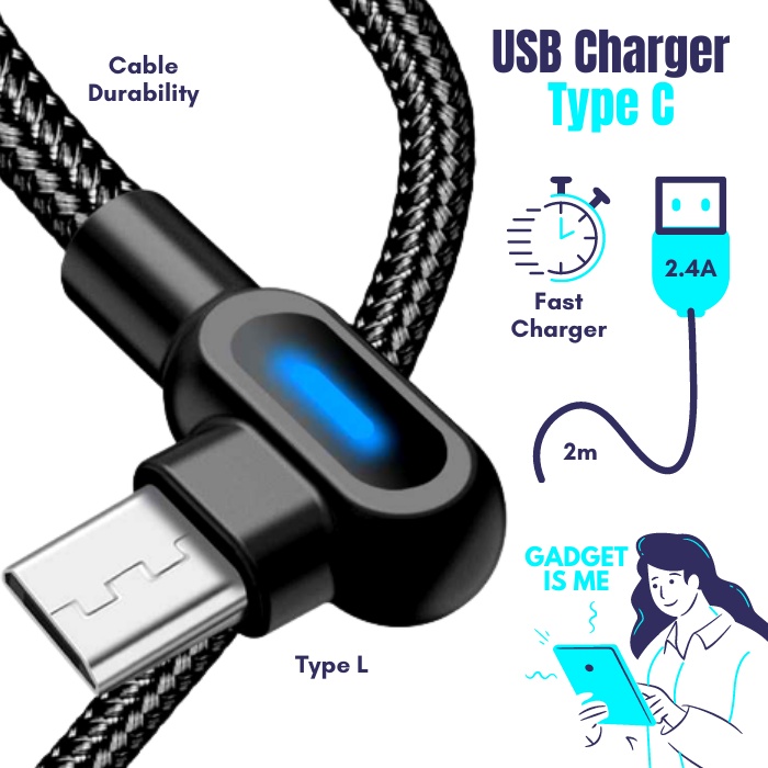 Jual Kabel Charger Fast Charging Type C 2 Meter Shape 2.4A USB Cable