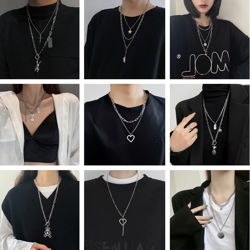 Kalung Multilayer Dengan Liontin Beruang Bahan Stainless Steel Gaya Hip Hop Untuk Pria Dan Wanita