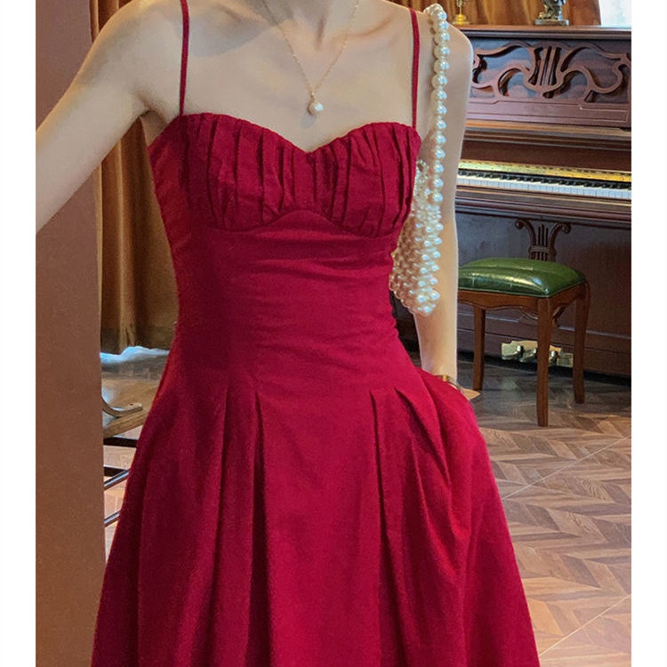 Red French Style Vintage gaun tanpa lengan musim panas baru wanita seksi off-shoulder peri tipis rok panjang