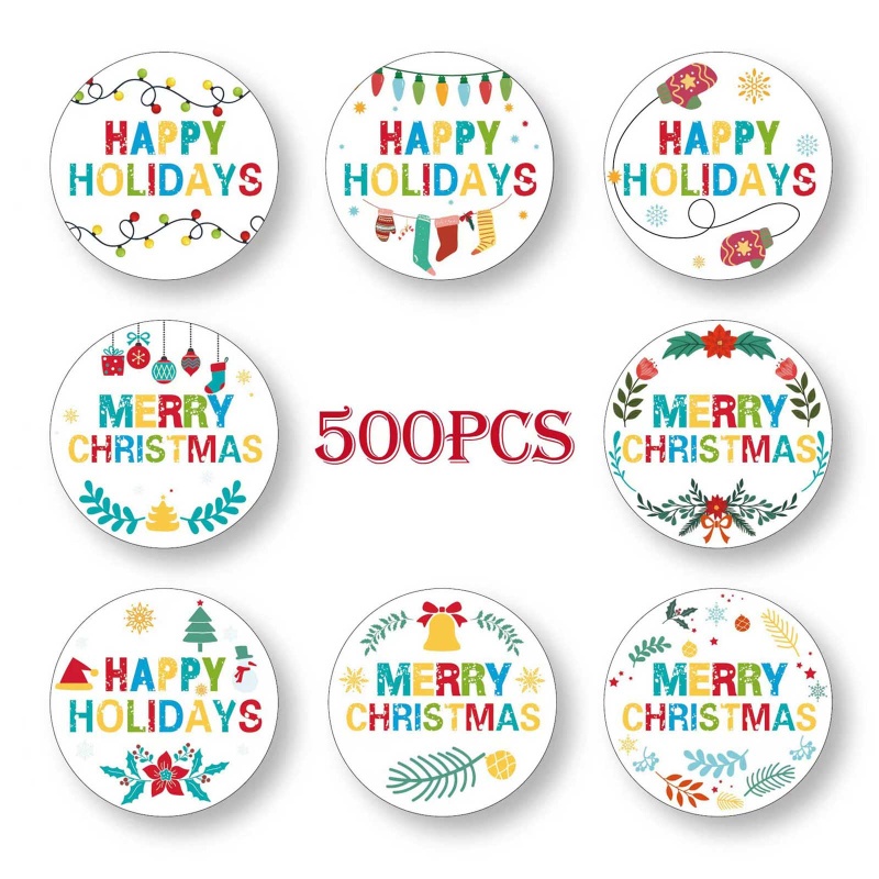 500pcs Stiker Segel Desain Happy Holiday Merry Christmas Ukuran 3.8cm Untuk Hadiah