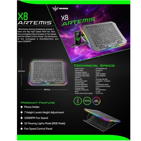 itstore Nyk Coolingpad X8 Artemis (RGB with Phone Holder) Cooling pad x-8 x 8 Gaming Led