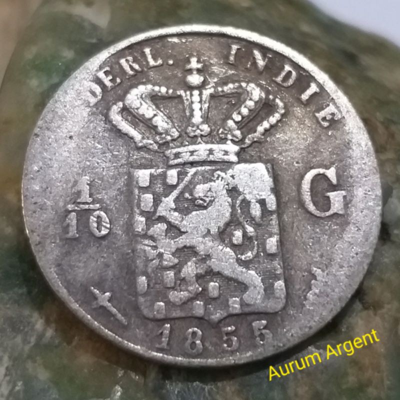 SC.14-- 1 PC KOIN PERAK KUNO ASLI 1/10 GULDEN NEDERL INDIE TH 1855. -- SILVER COIN --