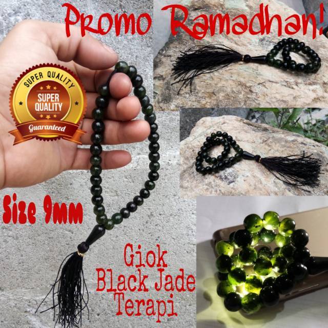 Tasbih 33 Butir Giok Black Jade Aceh Terapi 9mm Kualitas Super