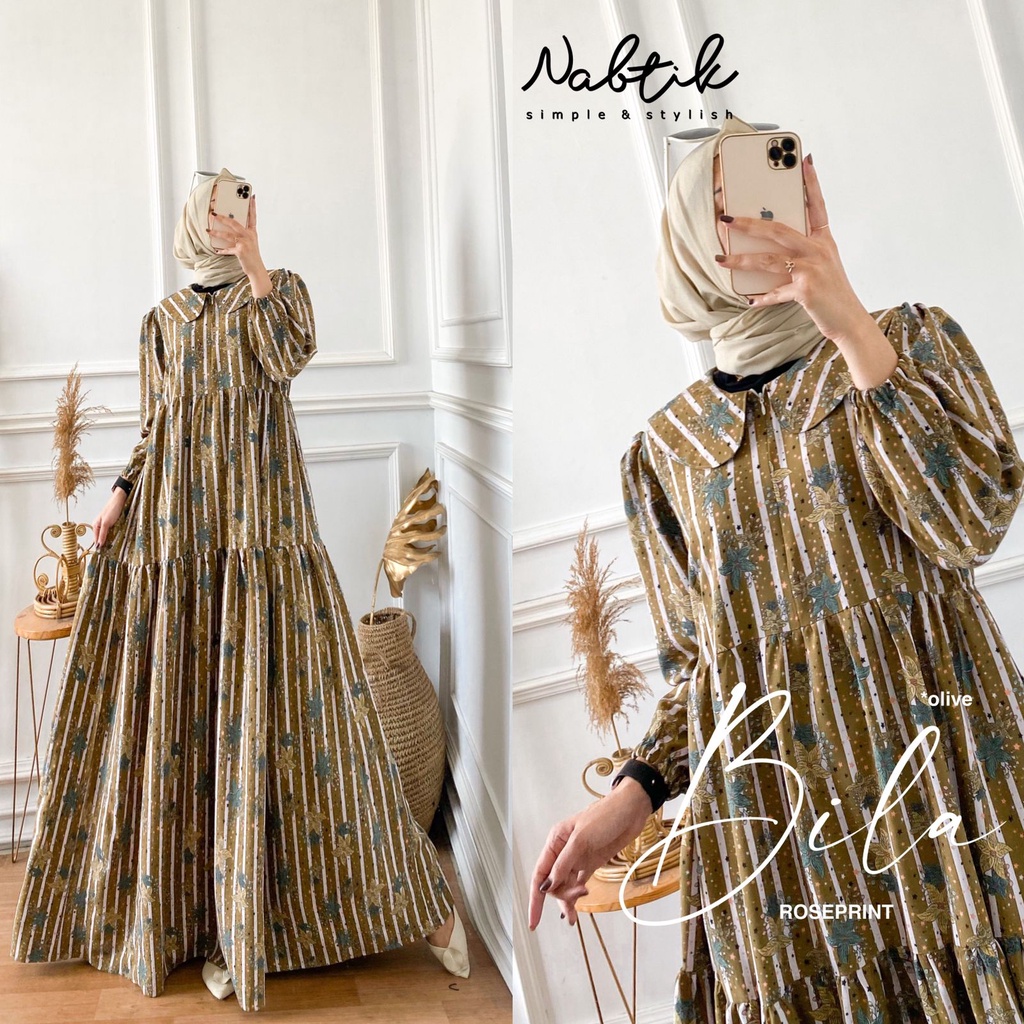 ready || BILA DRESS GAMIS NABTIK ORI Gamis Roseprint Motif Terbaru Terlaris