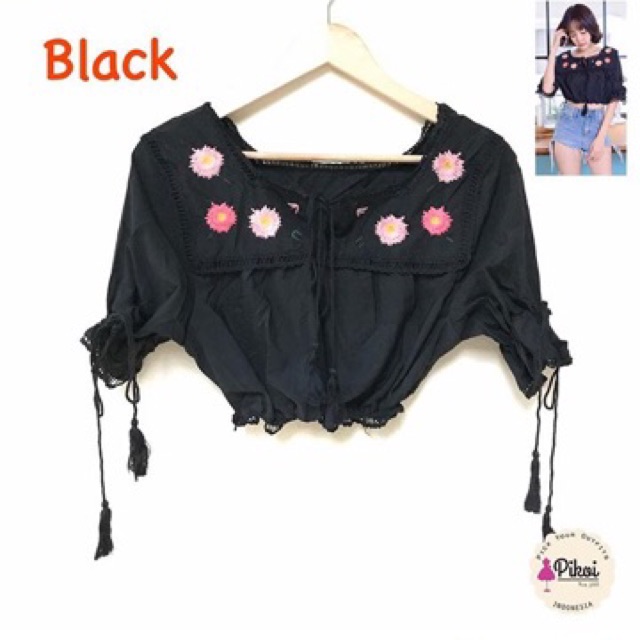 Baju crop top hitam bordir katun bangkok ready / atasan blouse katun import premium pantai / 881