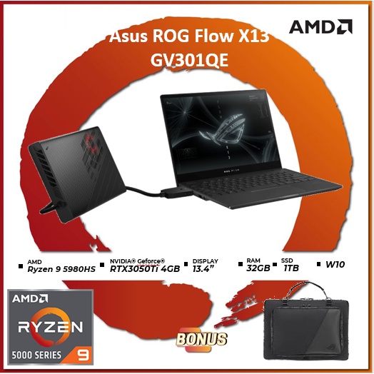 ASUS ROG FLOW X13 GV301QE R938GC31SA6TO TOUCH RYZEN 9 5980 32GB 1TBSSD RTX3050TI 4GB+EGPU RTX3080 16
