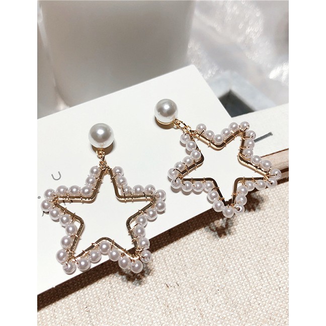LRC Anting Tusuk Fashion Pentagram Needle Five-pointed Star Pearl Earrings F5033X