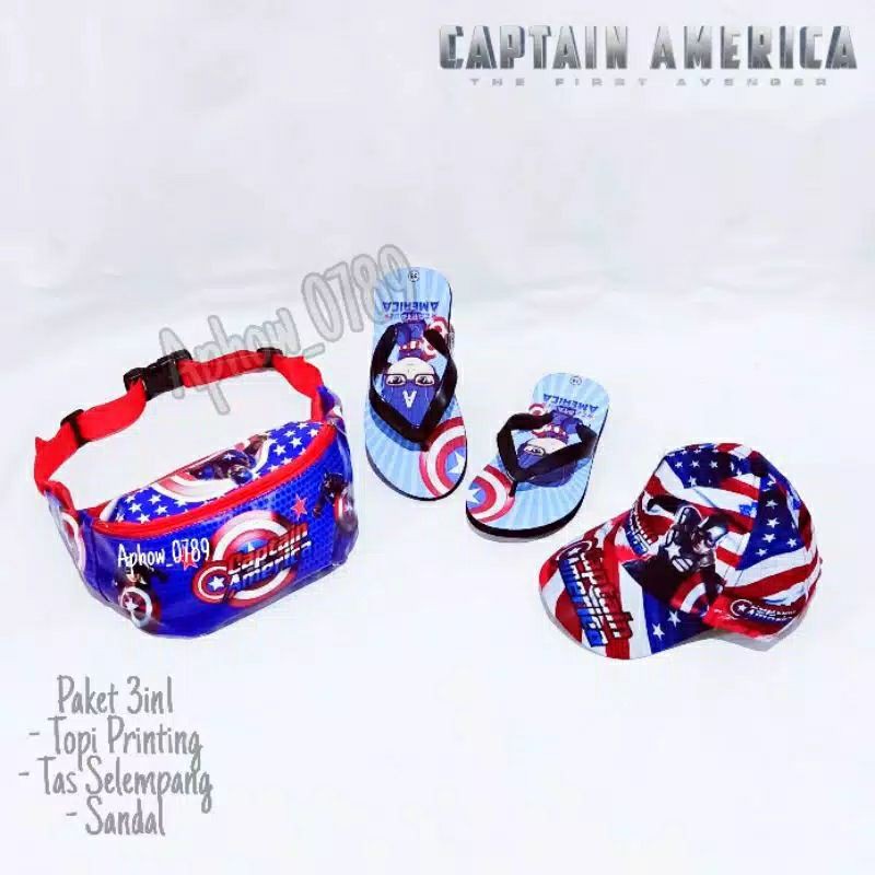 3 in 1 Paket Tas Topi Dan Sandal Motif CAPTAIN AMERICA -NSTORE_15