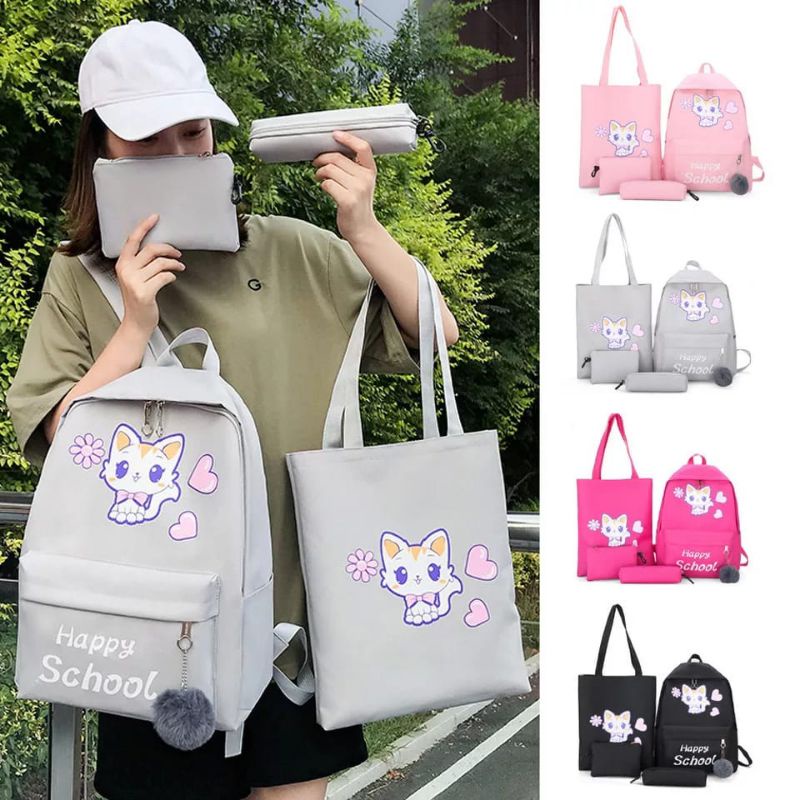 Tas Ransel Anak perempuan Wanita Kecil Murah Paket 4in1 Ransel Sekolah Anak Paud Tk SD Gambar Happy 