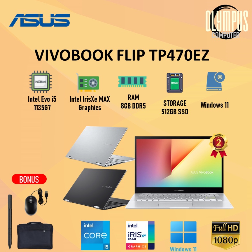 Laptop Asus Vivobook Flip 14 TP470EZ i5 1135G7 8GB 512GB WIN11+OHS 14.0FHD