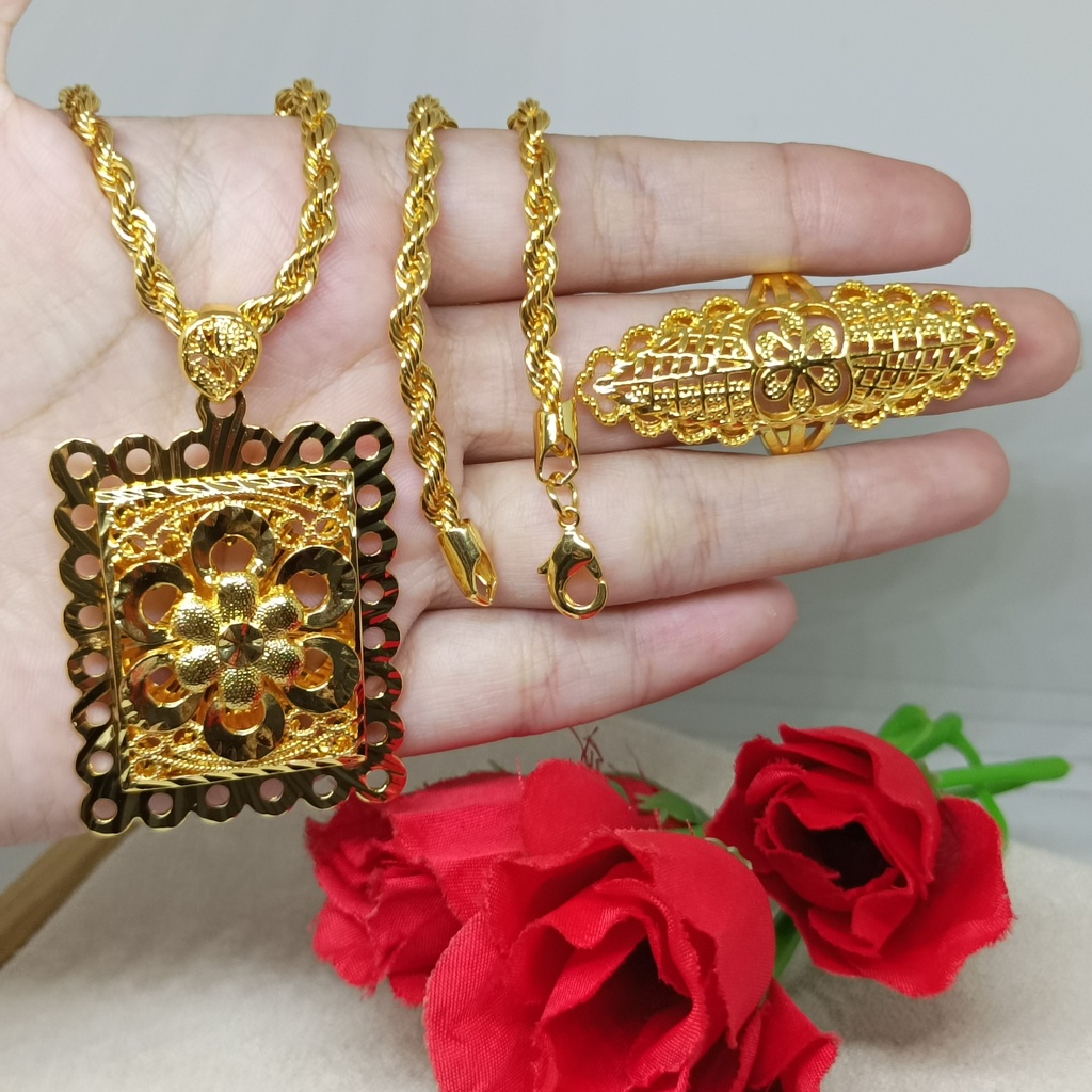 set kalung+cincin perhiasan laki-laki tembaga 24k