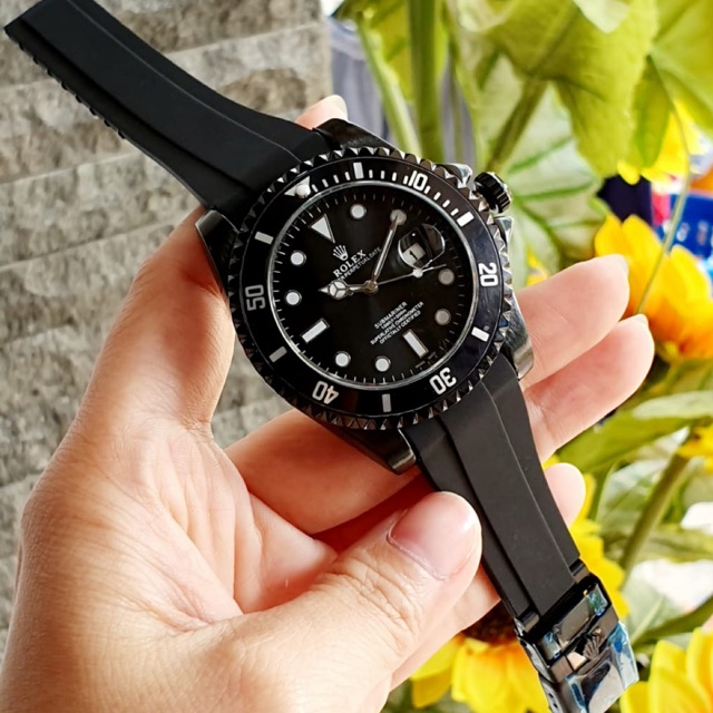 Jam Tangan Cowok Pria Rolex Submariner Rubber Karet Tanggal Aktiv Ring Mutar Diameter 4,5CM