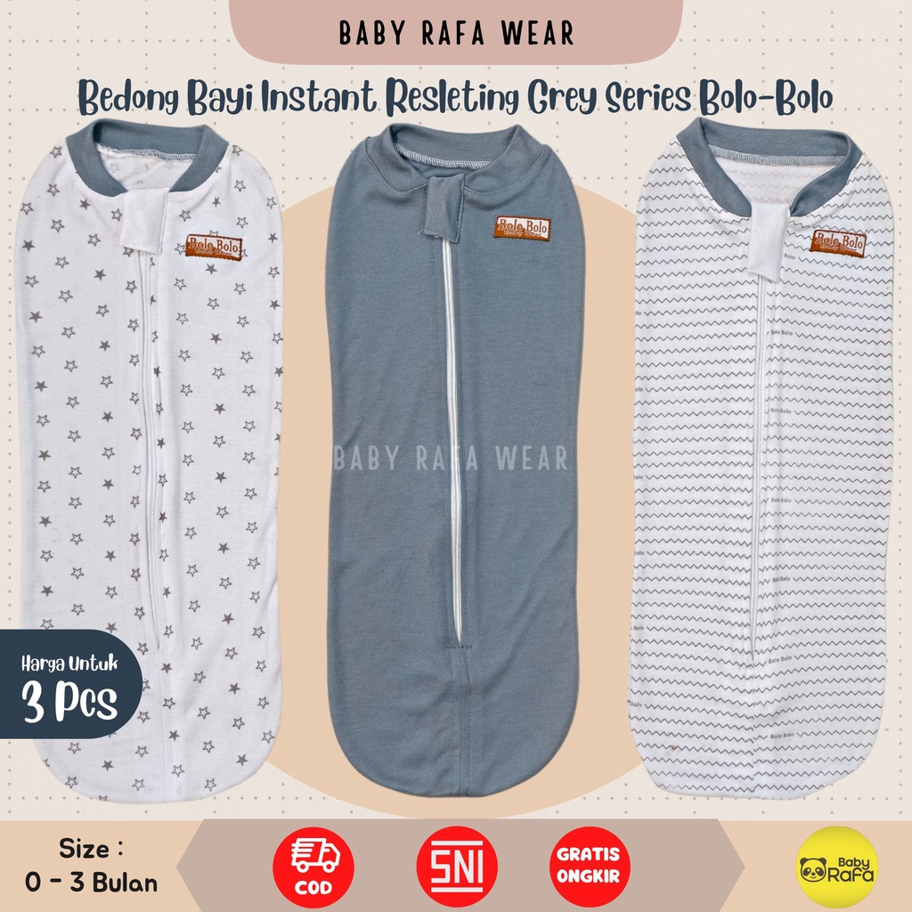 Serian Abu - 3 pcs Bedong INSTAN RESLETING GREY SERIES merk SNI Bolo - Bolo / Bedong Bayi INSTAN Serian Abu