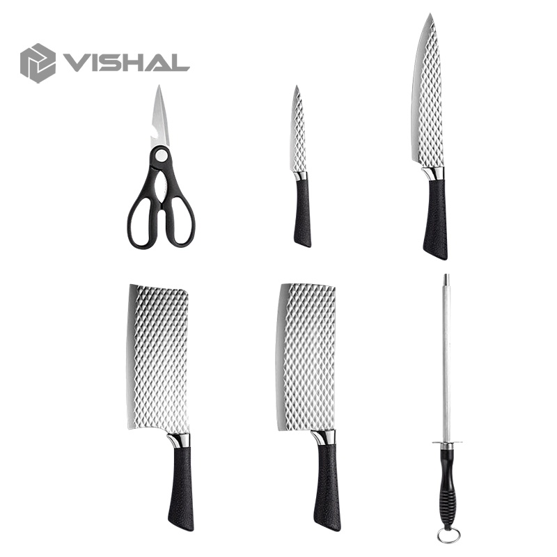 VISHAL 6 in 1 Set Pisau Dapur Damascus Pattern Meat Knife Cleaver Pisau Daging Stainless Steel