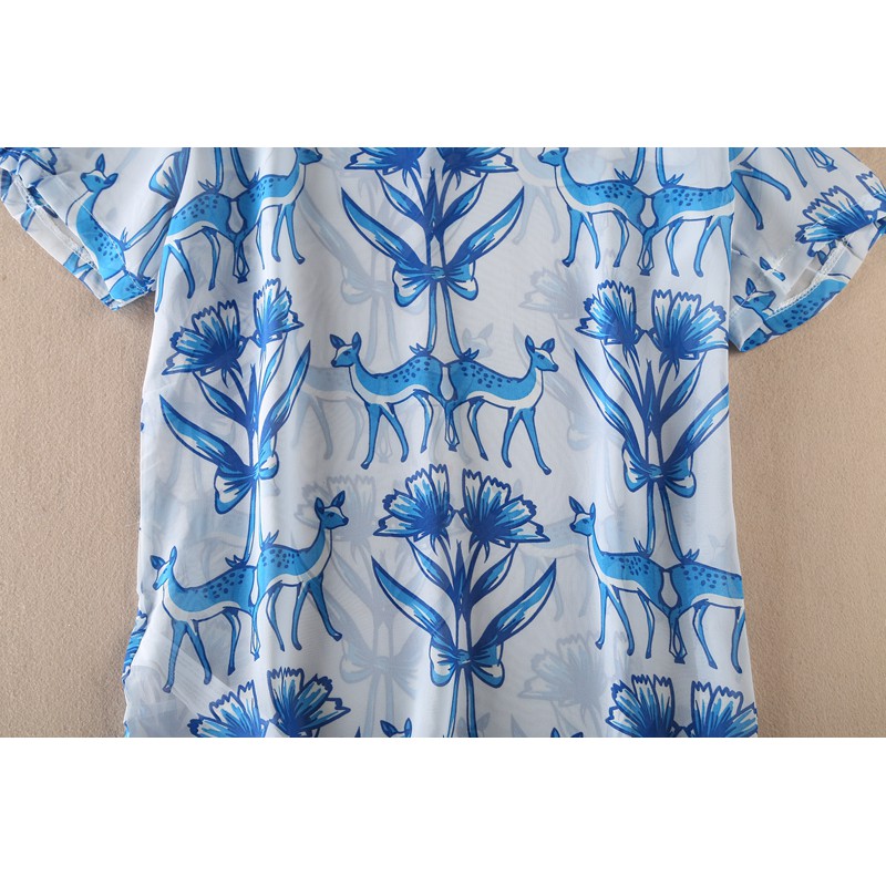 BL08 blouse import tee retro animal blue chiffon kaos lengan pendek