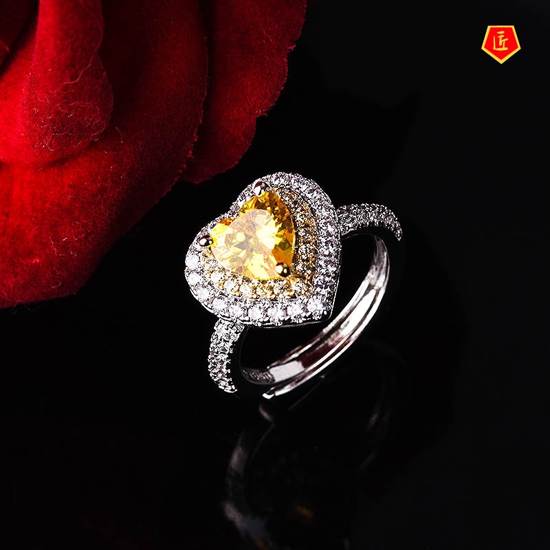 [Ready Stock]Luxury Citrine Love Heart-Shaped Open Ring