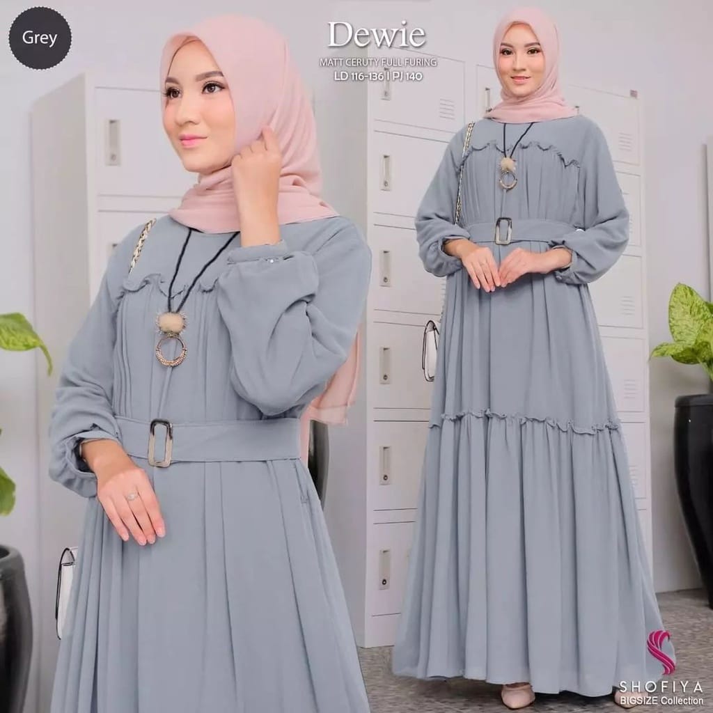 Dewie Dress Gamis Ceruty Babydoll Full Furing Baju Kondangan Wanita Gaun Pesta Muslimah Gamis Jumbo Baju Wanita Kekinian