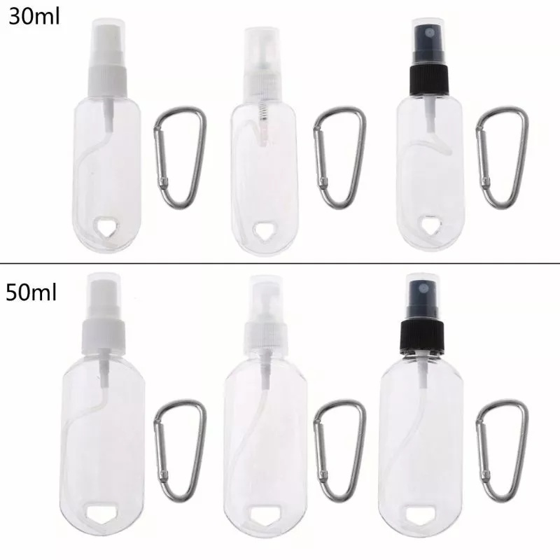 30/50ml Travel Spray Bottles with Hook/ Liquid Shampoo Liquids Lotion Cosmetic Containers/ Mini Plastic Refillable Empty Mist Sprayer Bottle with Keychain Clip