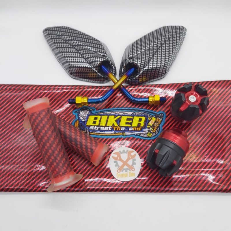 kulit jok biker karbon+spion Jupiter karbon twotone+Jalu as cnc+grip karbon universal motor Yamaha