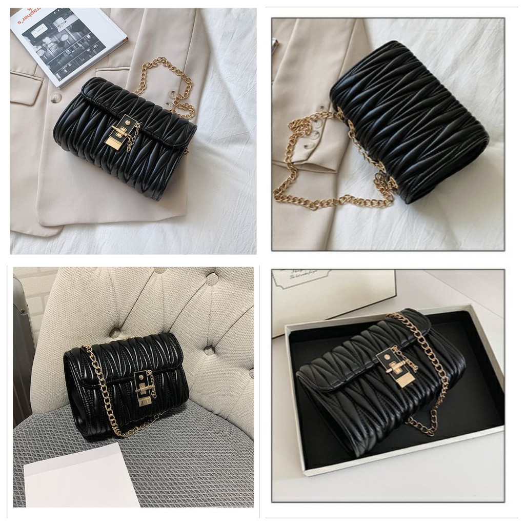 TAS IMPORT PESTA KULIT HITAM TA254B5 ELIAS RANTAI KOREA PREMIUM WANITA SELEMPANG MURAH FASHION BATAM