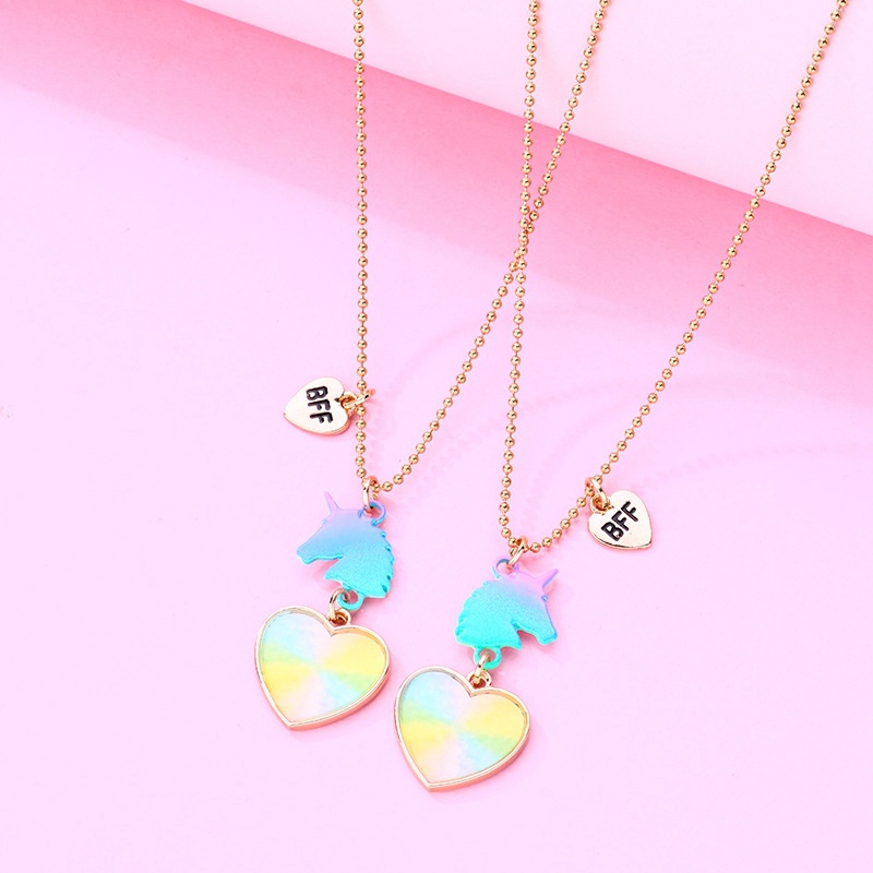 2pcs / Set Kalung Rantai Dengan Liontin Unicorn Warna-Warni Untuk Anak